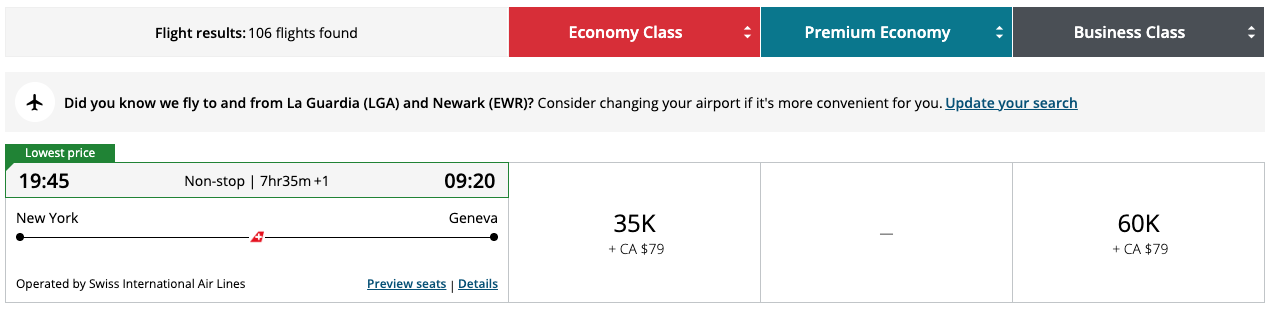 Air Canada Aeroplan award from New York (JFK) to Geneva (GVA) on Swiss Airlines for 60,000 miles and $79 Canadian Dollars one way. 